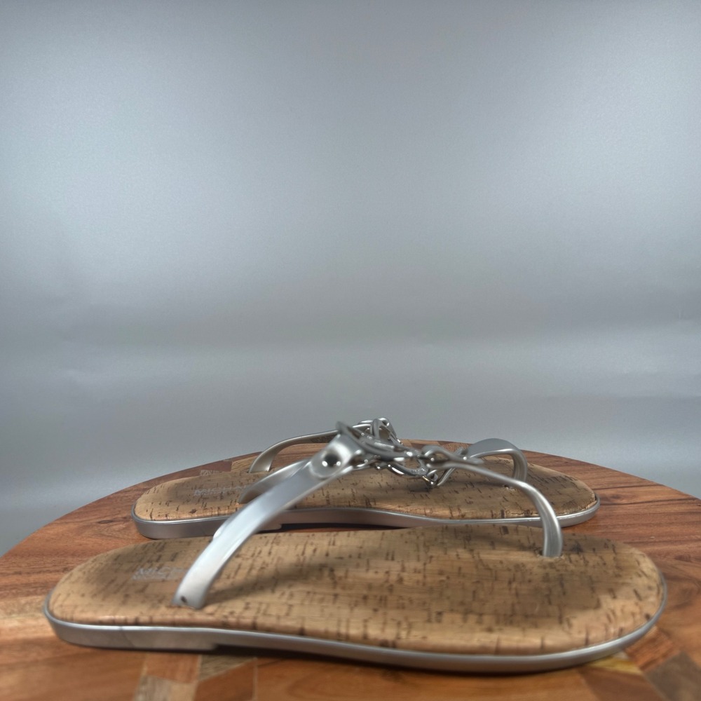 Michael Kors Plate Thong Silver Cork Flip Flop Sandals Womens Size 6M